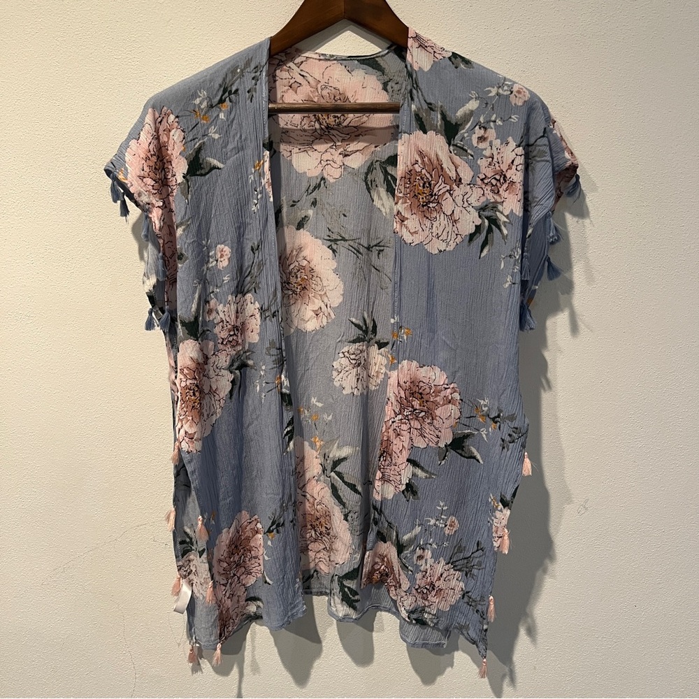 Lightweight Floral Open Front Caftan Tassels Coverup - Picture 2 of 7
